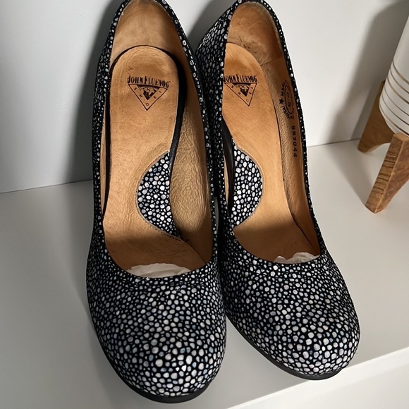 John Fluevog Attention Paris Suede Rounded Toe Leather Retro High Heels - Picture 4 of 11